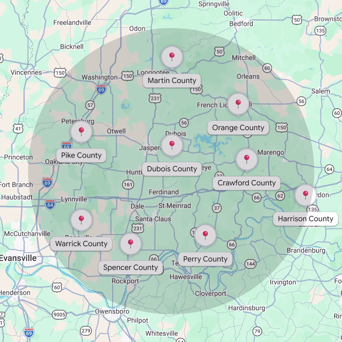 Animal Hospital service area radius including Dubois County, Spencer County, Martin County, Pike County, Orange County, Crawford County, Harrison County, Perry County, and Warrick County, Indiana